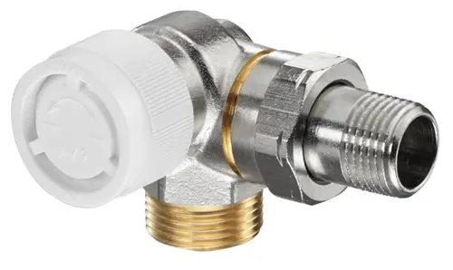 Oventrop Thermostatventil in Winkelbauform mit Metallanschlüssen und einem weißen Drehknopf zur Temperatureinstellung.